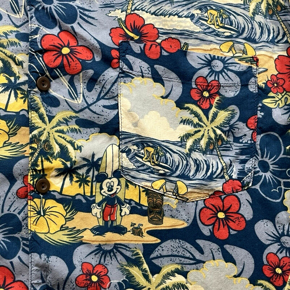 Disney Parks Authentic Shirt Mens Large Tiki Hawaiian Mickey Pluto Surf Floral - Picture 6 of 11